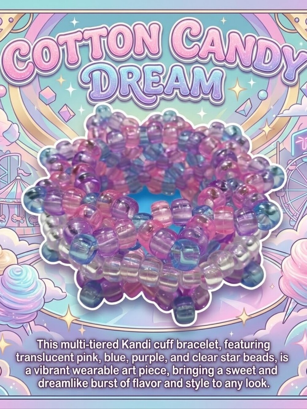 Cotton Candy Dream 3D Kandi Cuff - Handmade Beaded Rave Jewelry - Rotating Kandi